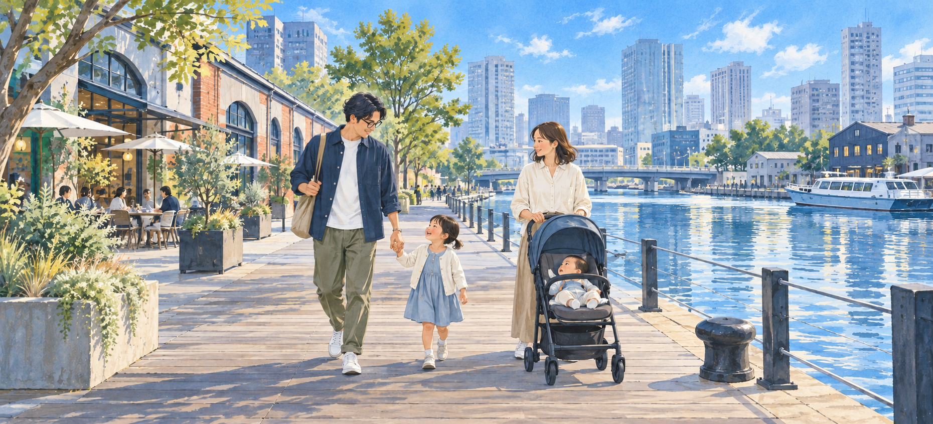 東京の水辺を家族4人で散歩するイラスト